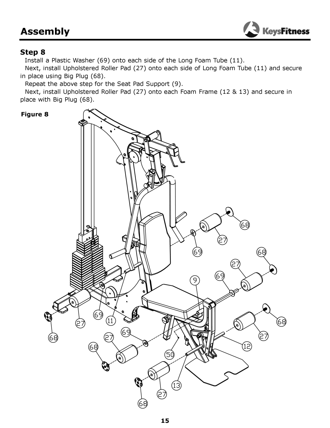 Keys Fitness KF-1560 owner manual Assembly, Install a Plastic Washer 69 onto each side of the Long Foam Tube 